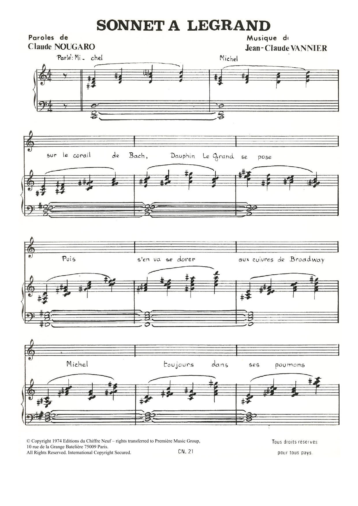 Claude Nougaro Sonnet A Legrand Sheet Music Notes & Chords for Piano & Vocal - Download or Print PDF