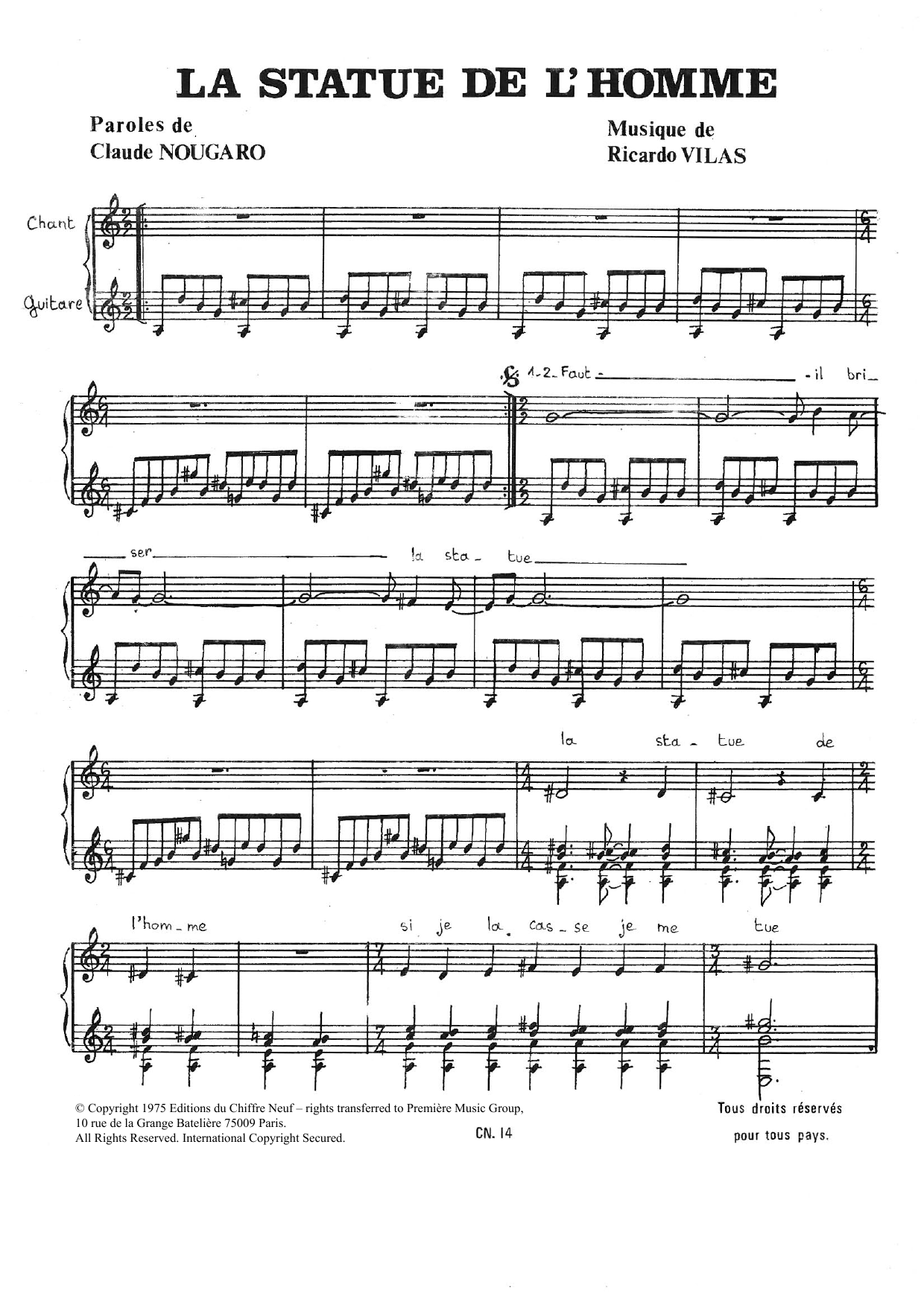 Claude Nougaro Statue De L'homme Sheet Music Notes & Chords for Piano & Vocal - Download or Print PDF