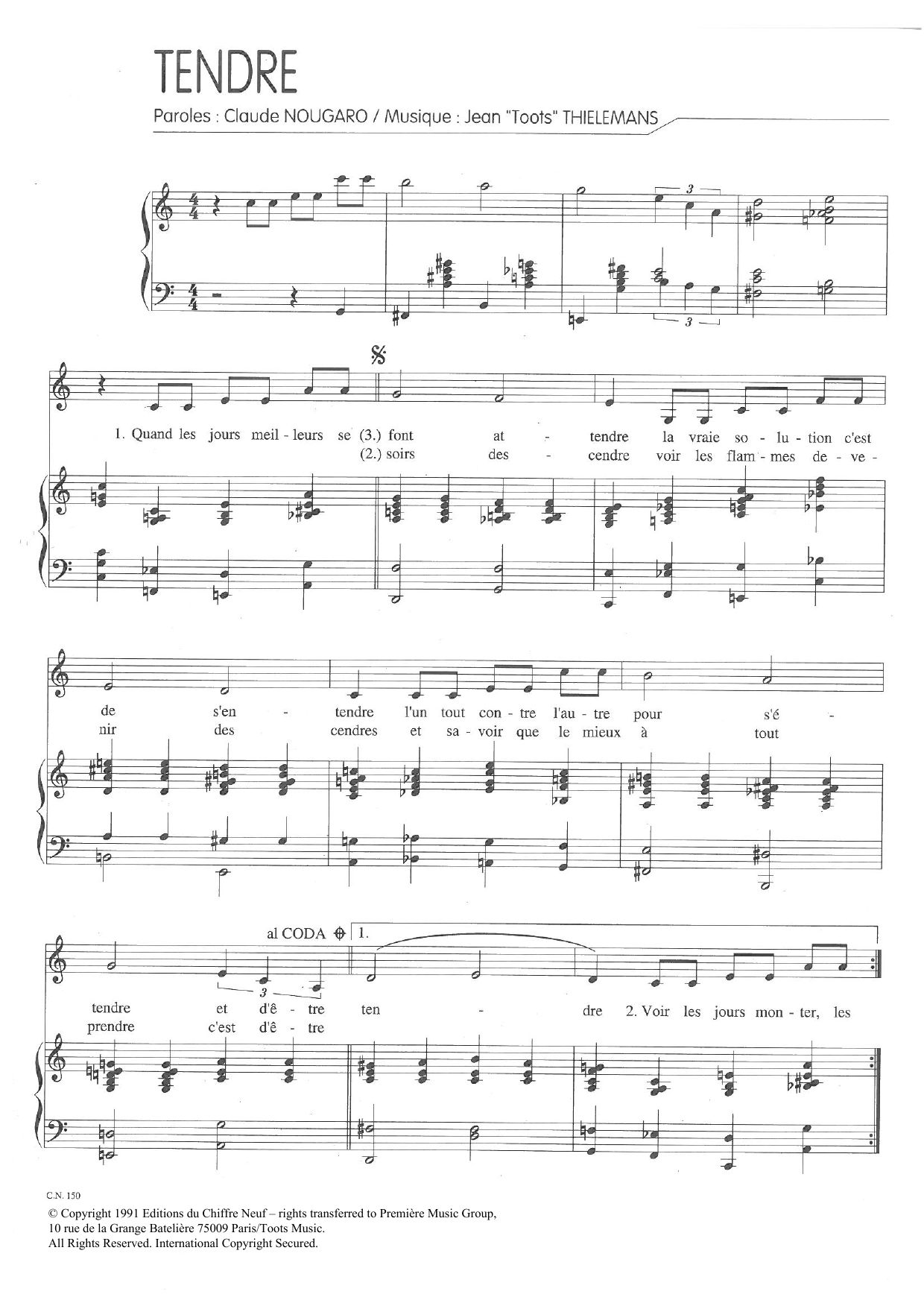 Claude Nougaro Tendre Sheet Music Notes & Chords for Piano & Vocal - Download or Print PDF