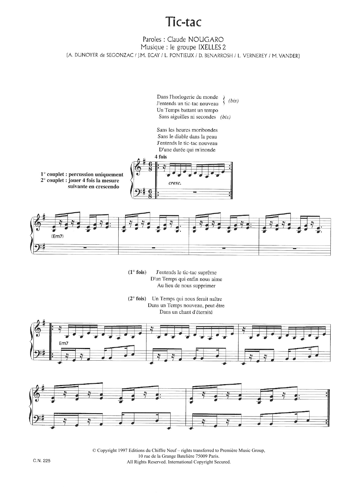 Claude Nougaro Tic Tac Sheet Music Notes & Chords for Piano & Vocal - Download or Print PDF