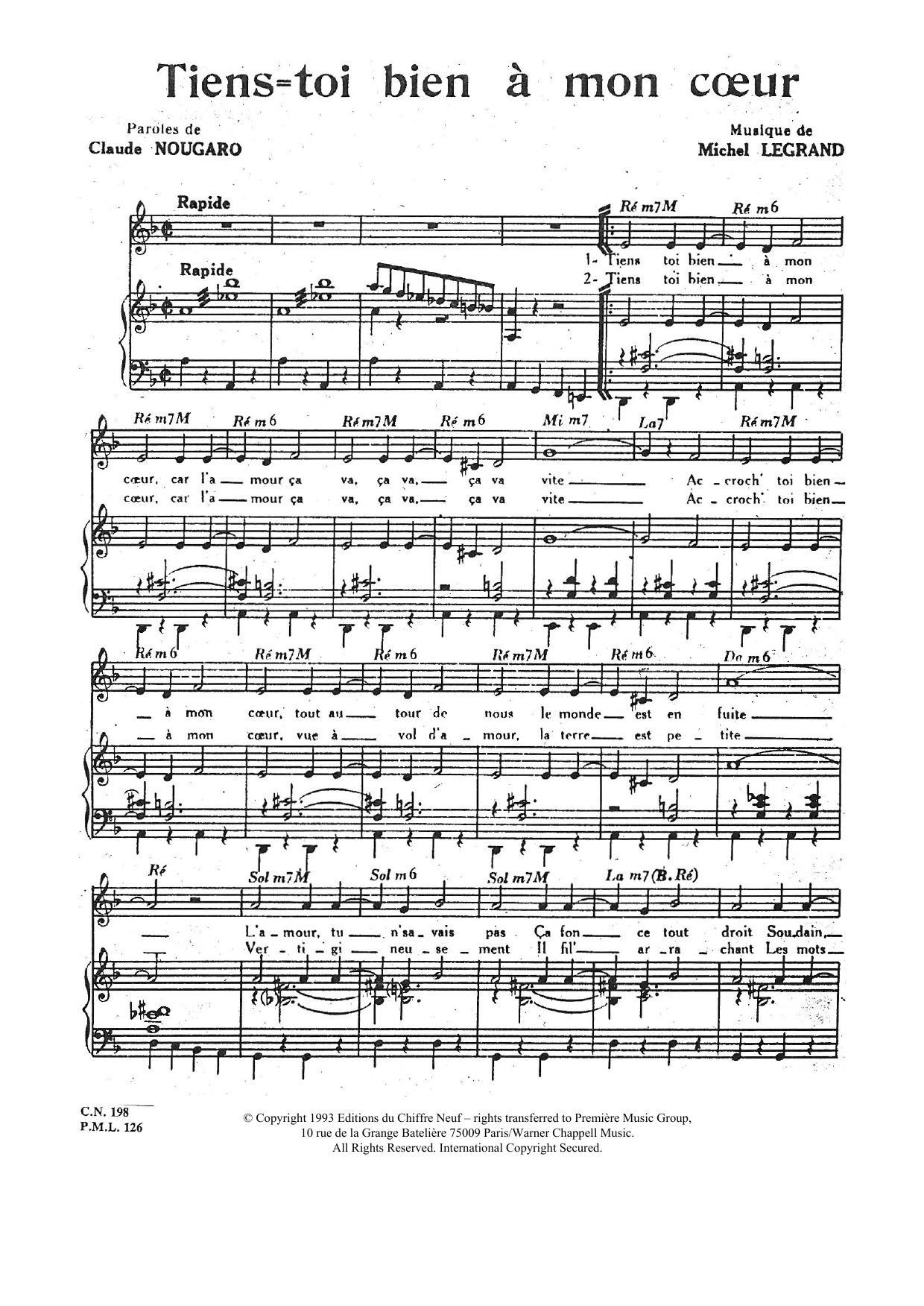 Claude Nougaro Tiens Toi Bien A Mon Coeur Sheet Music Notes & Chords for Piano & Vocal - Download or Print PDF