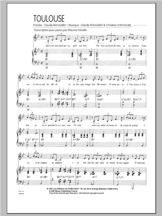 Claude Nougaro Toulouse Sheet Music Notes & Chords for Piano & Vocal - Download or Print PDF