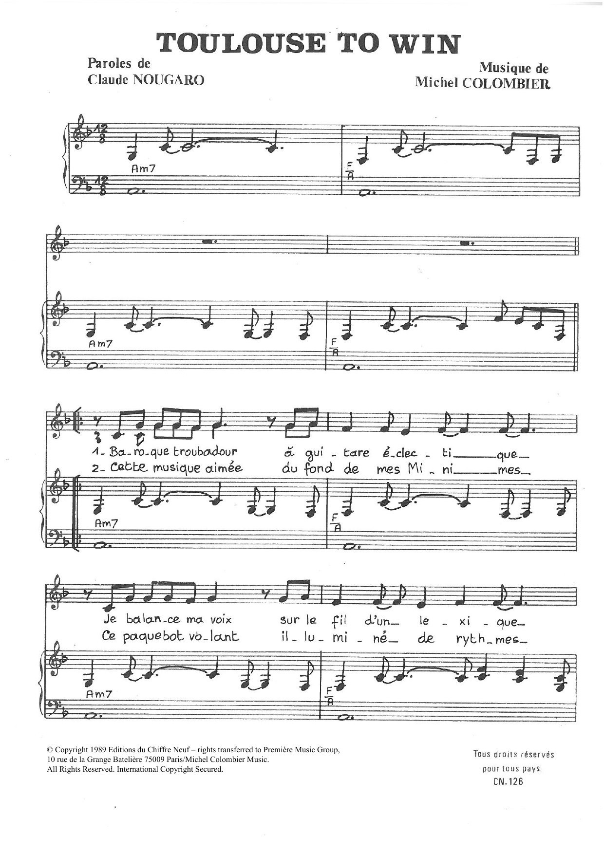 Claude Nougaro Toulouse To Win Sheet Music Notes & Chords for Piano & Vocal - Download or Print PDF