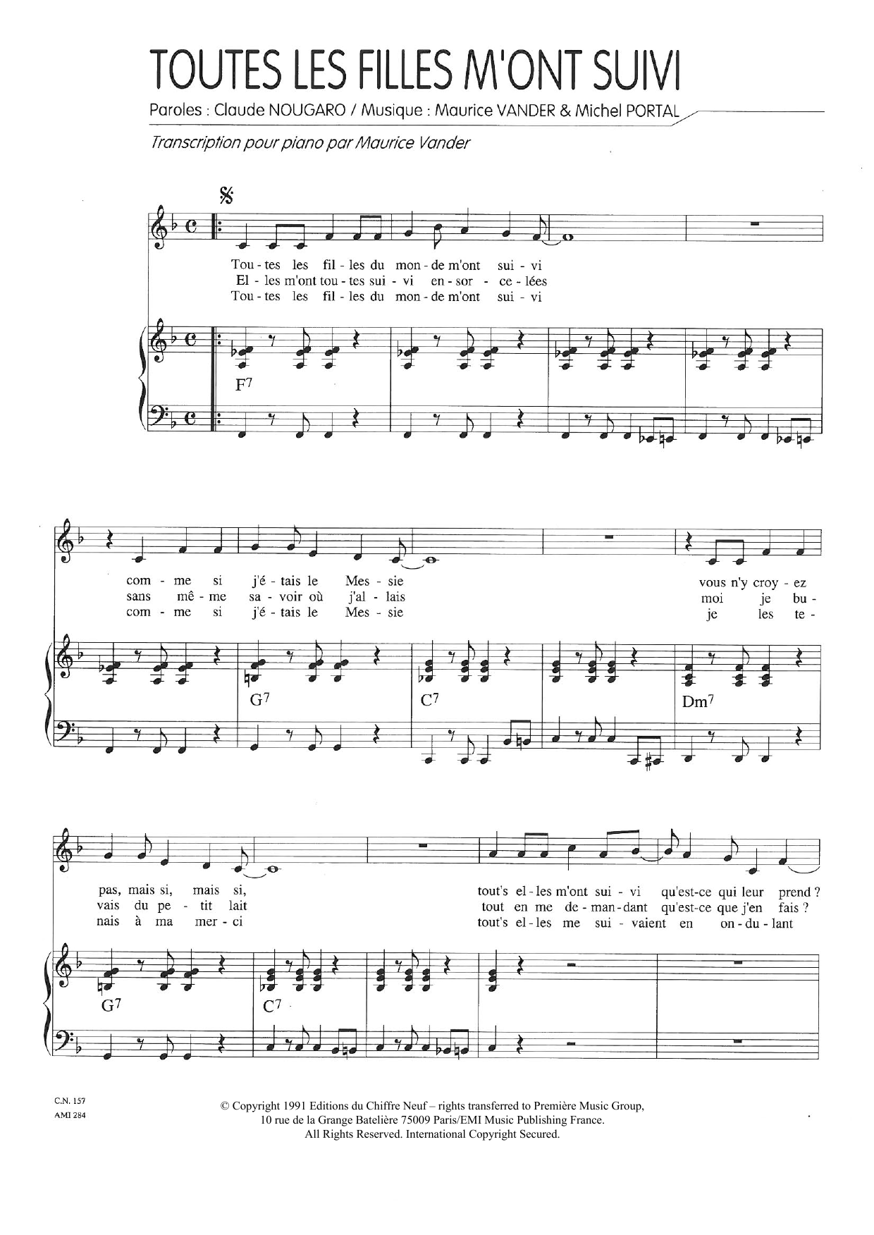 Claude Nougaro Toutes Les Filles M'ont Suivi Sheet Music Notes & Chords for Piano & Vocal - Download or Print PDF