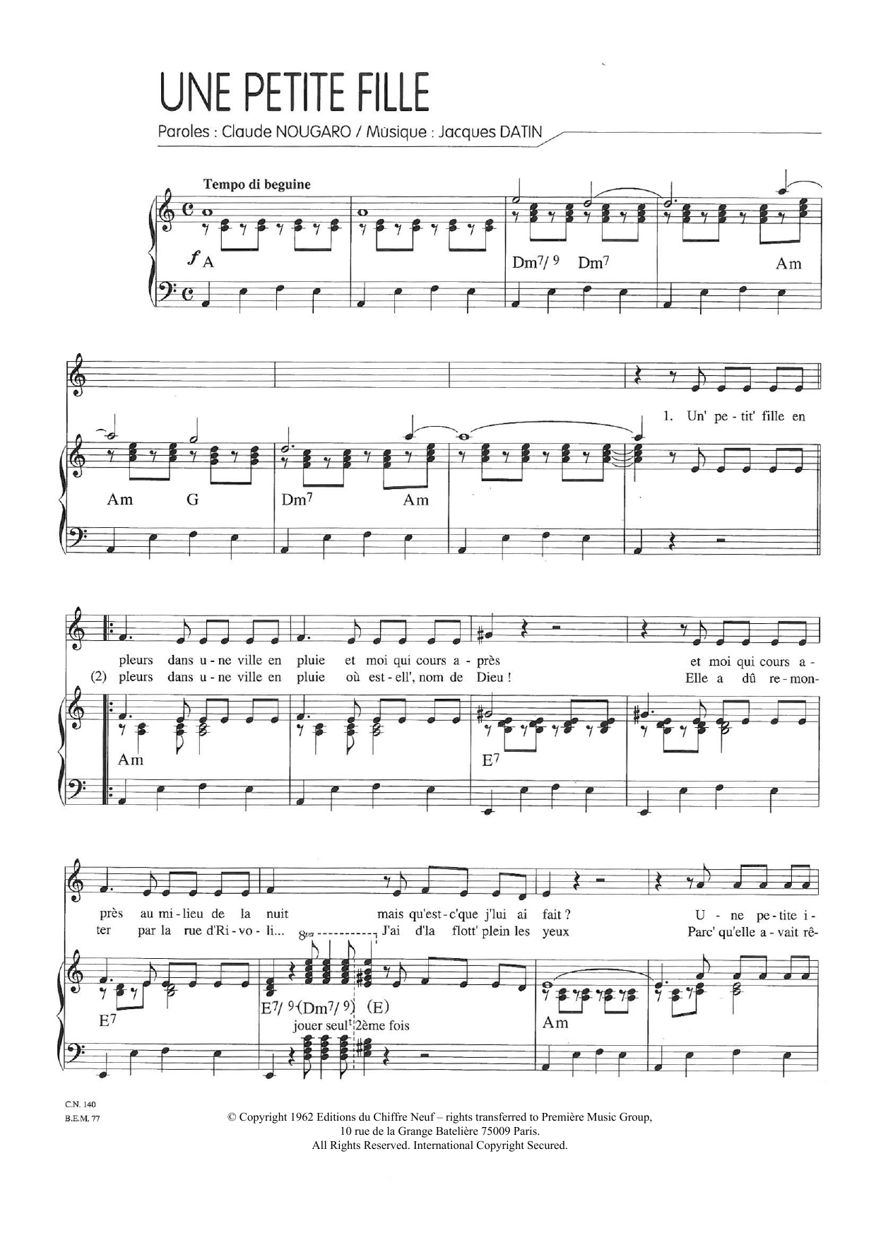 Claude Nougaro Une Petite Fille Sheet Music Notes & Chords for Piano & Vocal - Download or Print PDF