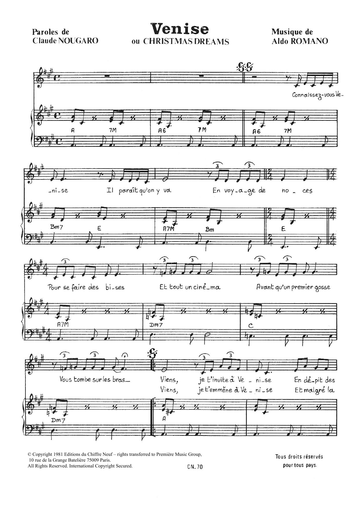 Claude Nougaro Venise (Christmas Dreams) Sheet Music Notes & Chords for Piano & Vocal - Download or Print PDF