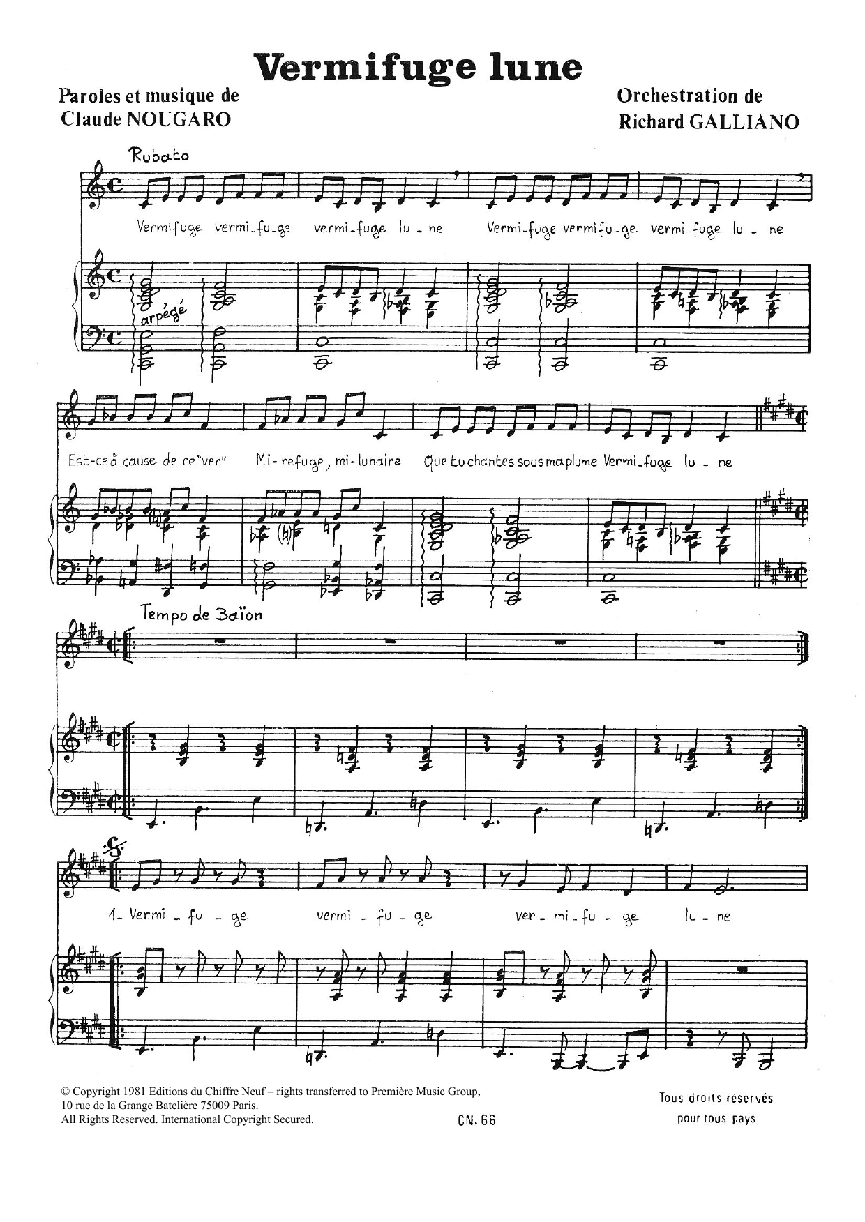 Claude Nougaro Vermifuge Lune Sheet Music Notes & Chords for Piano & Vocal - Download or Print PDF