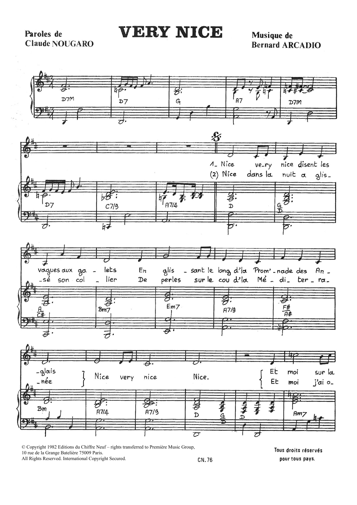 Claude Nougaro Very Nice Sheet Music Notes & Chords for Piano & Vocal - Download or Print PDF