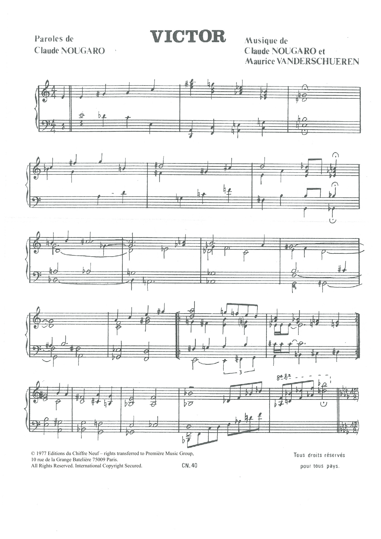 Claude Nougaro Victor Sheet Music Notes & Chords for Piano & Vocal - Download or Print PDF