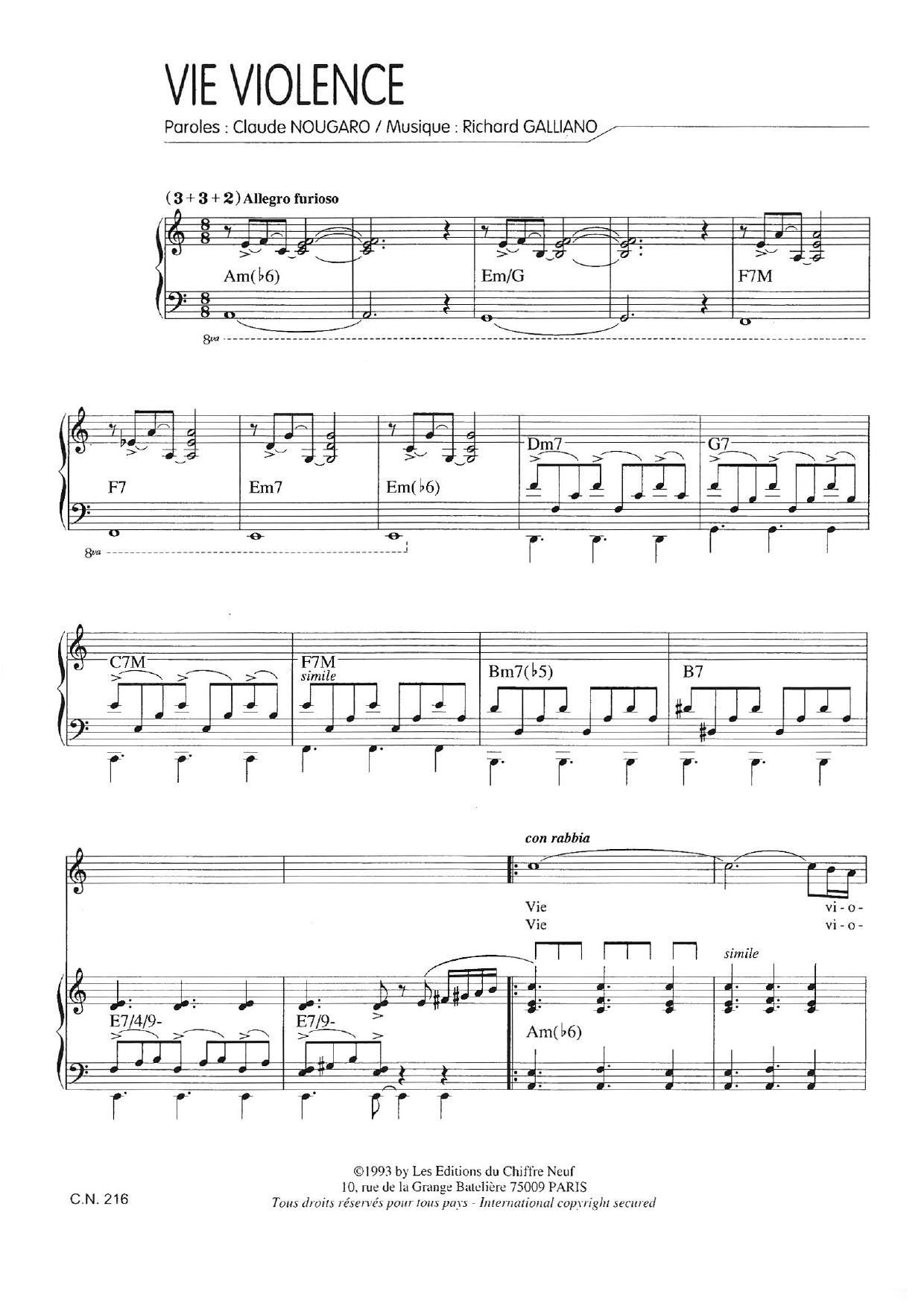 Claude Nougaro Vie Violence Sheet Music Notes & Chords for Piano & Vocal - Download or Print PDF