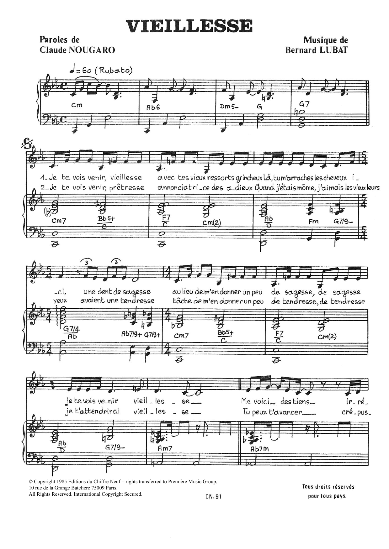 Claude Nougaro Vieillesse Sheet Music Notes & Chords for Piano & Vocal - Download or Print PDF