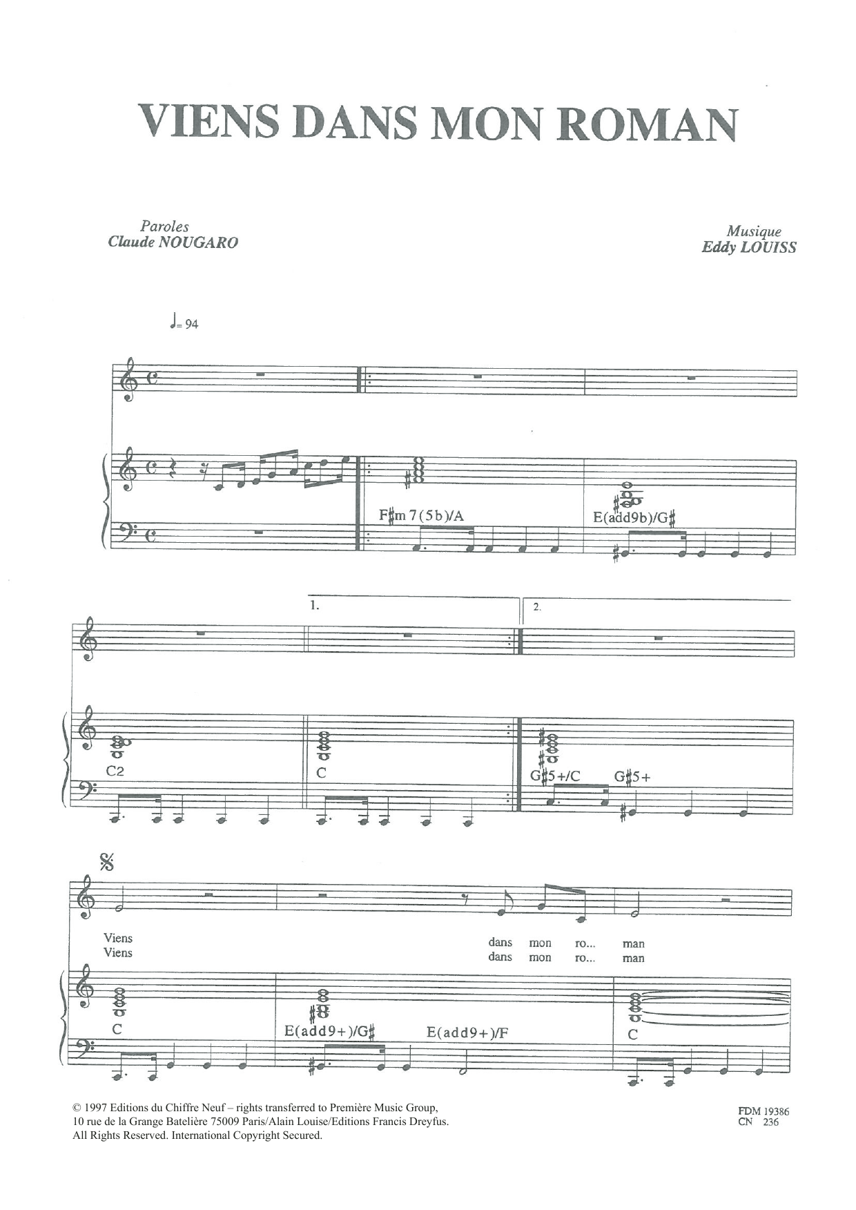 Claude Nougaro Viens Dans Mon Roman Sheet Music Notes & Chords for Piano & Vocal - Download or Print PDF