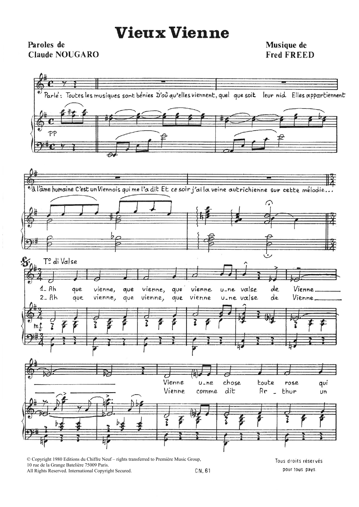 Claude Nougaro Vieux Vienne Sheet Music Notes & Chords for Piano & Vocal - Download or Print PDF