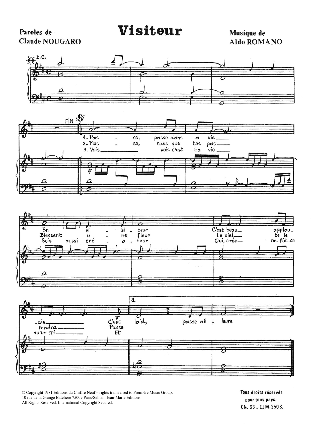 Claude Nougaro Visiteur Sheet Music Notes & Chords for Piano & Vocal - Download or Print PDF