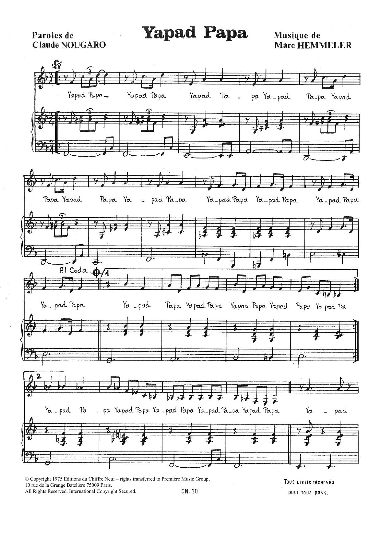 Claude Nougaro Yapad Papa Sheet Music Notes & Chords for Piano & Vocal - Download or Print PDF