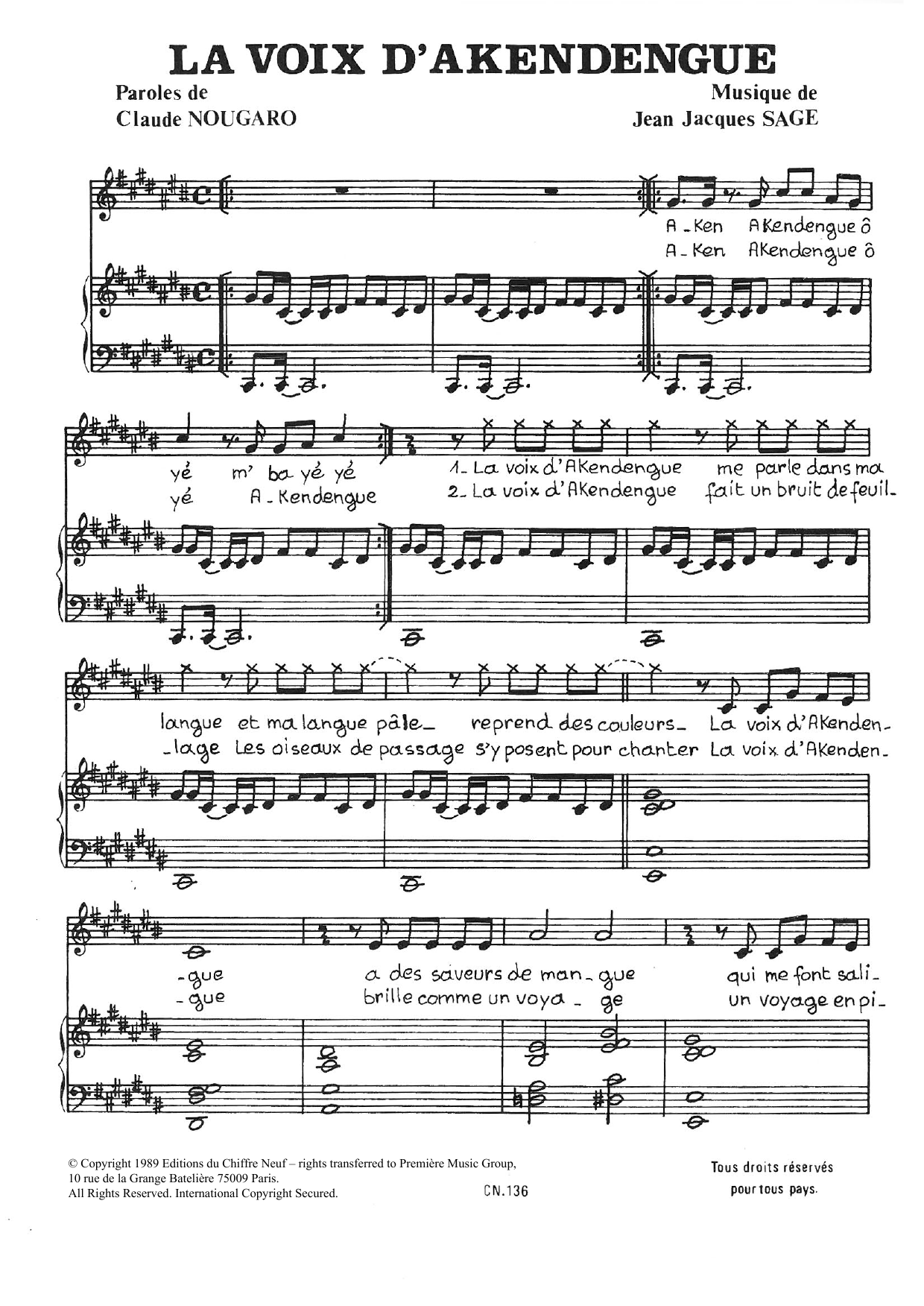 Preview Claude Nougaro Voix D'akendengue Pop sheet music, notes and chords for Piano & Vocal, SKU: 115702 Voix D'akendengue sheet music