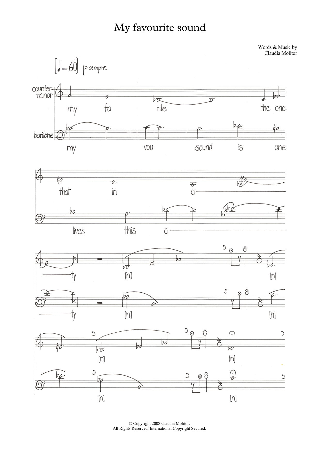 Claudia Molitor My favourite sound (for counter-tenor and baritone) Sheet Music Notes & Chords for Piano & Vocal - Download or Print PDF