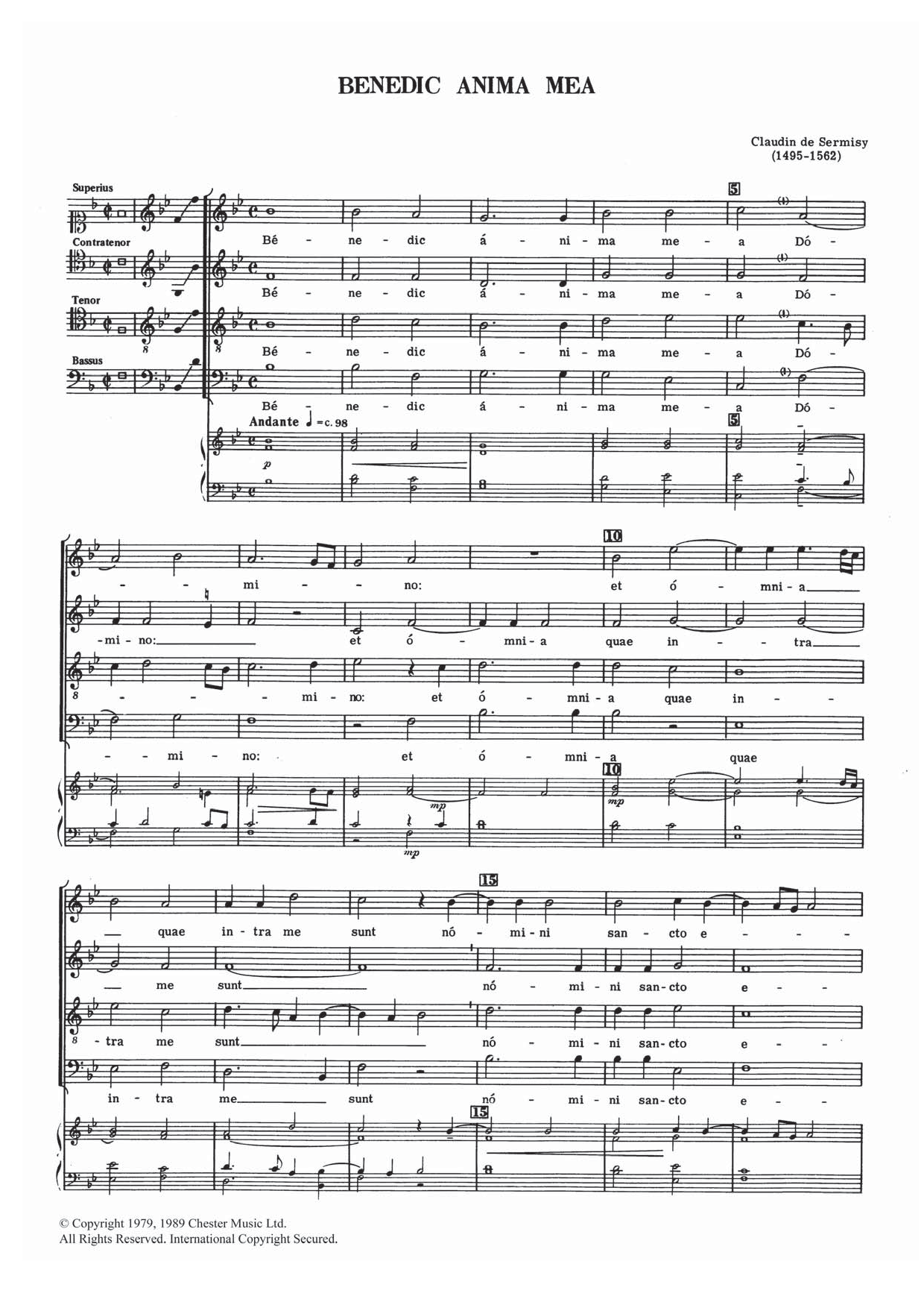 Claudin de Sermisy Benedic Anima Mea Sheet Music Notes & Chords for SATB - Download or Print PDF