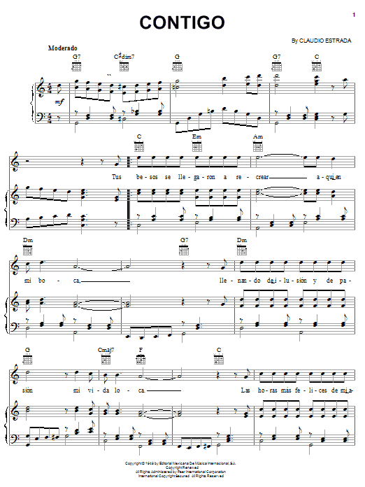 Claudio Estrada Contigo Sheet Music Notes & Chords for Piano, Vocal & Guitar (Right-Hand Melody) - Download or Print PDF