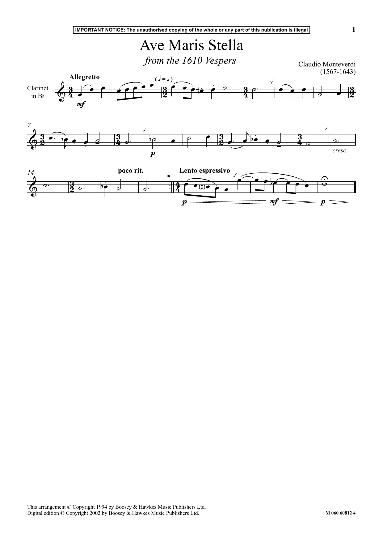 Claudio Monteverdi Ave Maris Stella (from The 1610 Vespers) Sheet Music Notes & Chords for Instrumental Solo - Download or Print PDF