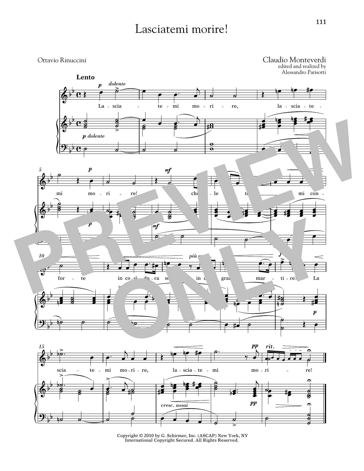 Claudio Monteverdi Lasciatemi Morire! (High Voice) Sheet Music Notes & Chords for Piano & Vocal - Download or Print PDF