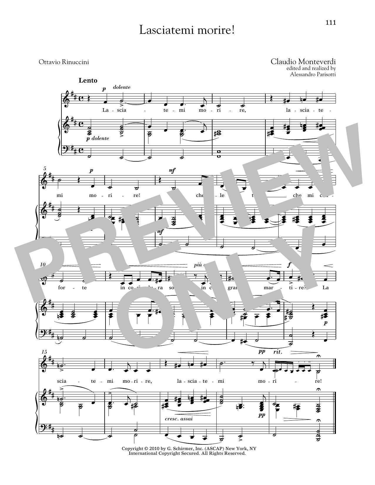 Claudio Monteverdi Lasciatemi Morire! (Low Voice) Sheet Music Notes & Chords for Piano & Vocal - Download or Print PDF