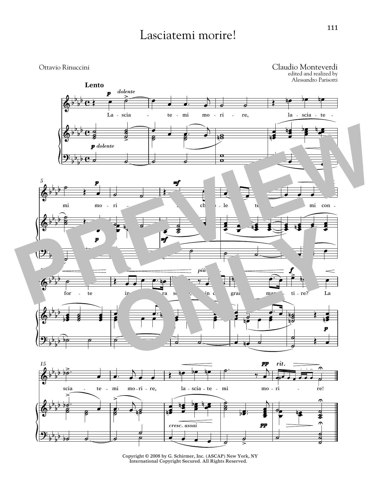 Claudio Monteverdi Lasciatemi Morire! (Medium High Voice) Sheet Music Notes & Chords for Piano & Vocal - Download or Print PDF