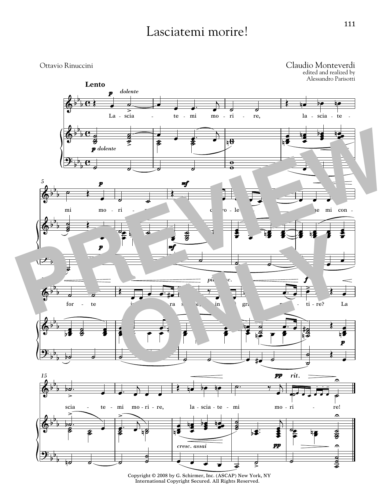 Claudio Monteverdi Lasciatemi Morire! (Medium Low Voice) Sheet Music Notes & Chords for Piano & Vocal - Download or Print PDF