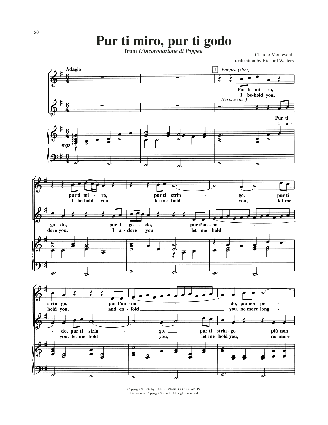 Claudio Monteverdi Pur ti miro, pur ti godo Sheet Music Notes & Chords for Piano & Vocal - Download or Print PDF