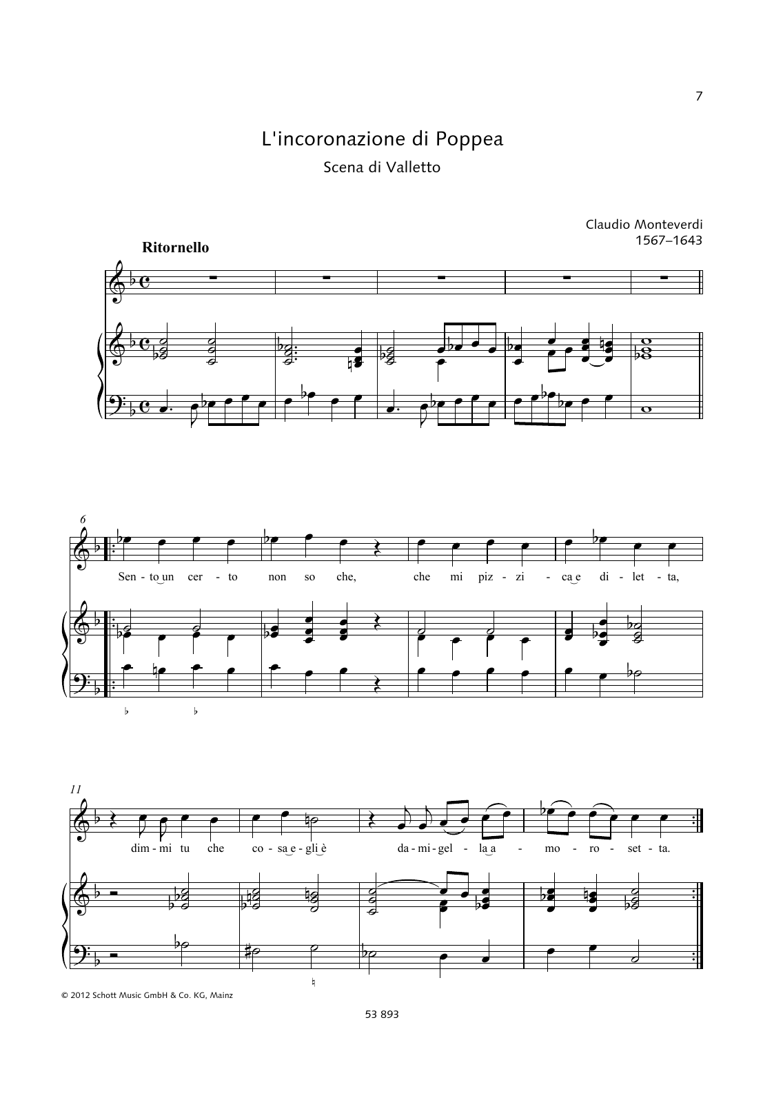 Claudio Monteverdi Sento un certo non so che Sheet Music Notes & Chords for Piano & Vocal - Download or Print PDF