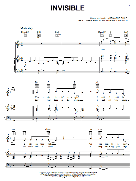 Clay Aiken Invisible Sheet Music Notes & Chords for Piano, Vocal & Guitar (Right-Hand Melody) - Download or Print PDF