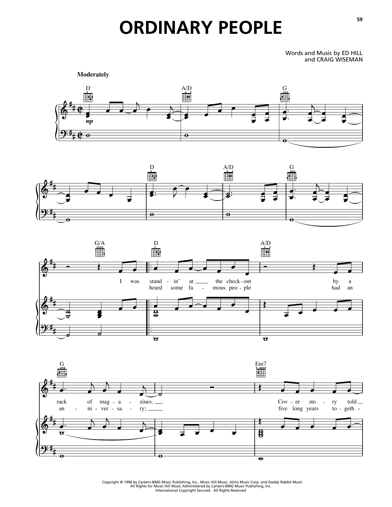 Clay Walker Ordinary People Sheet Music Notes & Chords for Piano, Vocal & Guitar Chords (Right-Hand Melody) - Download or Print PDF