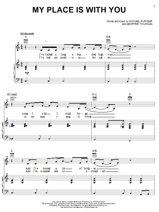 Preview Clay Crosse My Place Is With You Pop sheet music, notes and chords for Piano, Vocal & Guitar (Right-Hand Melody), SKU: 22193 My Place Is With You sheet music