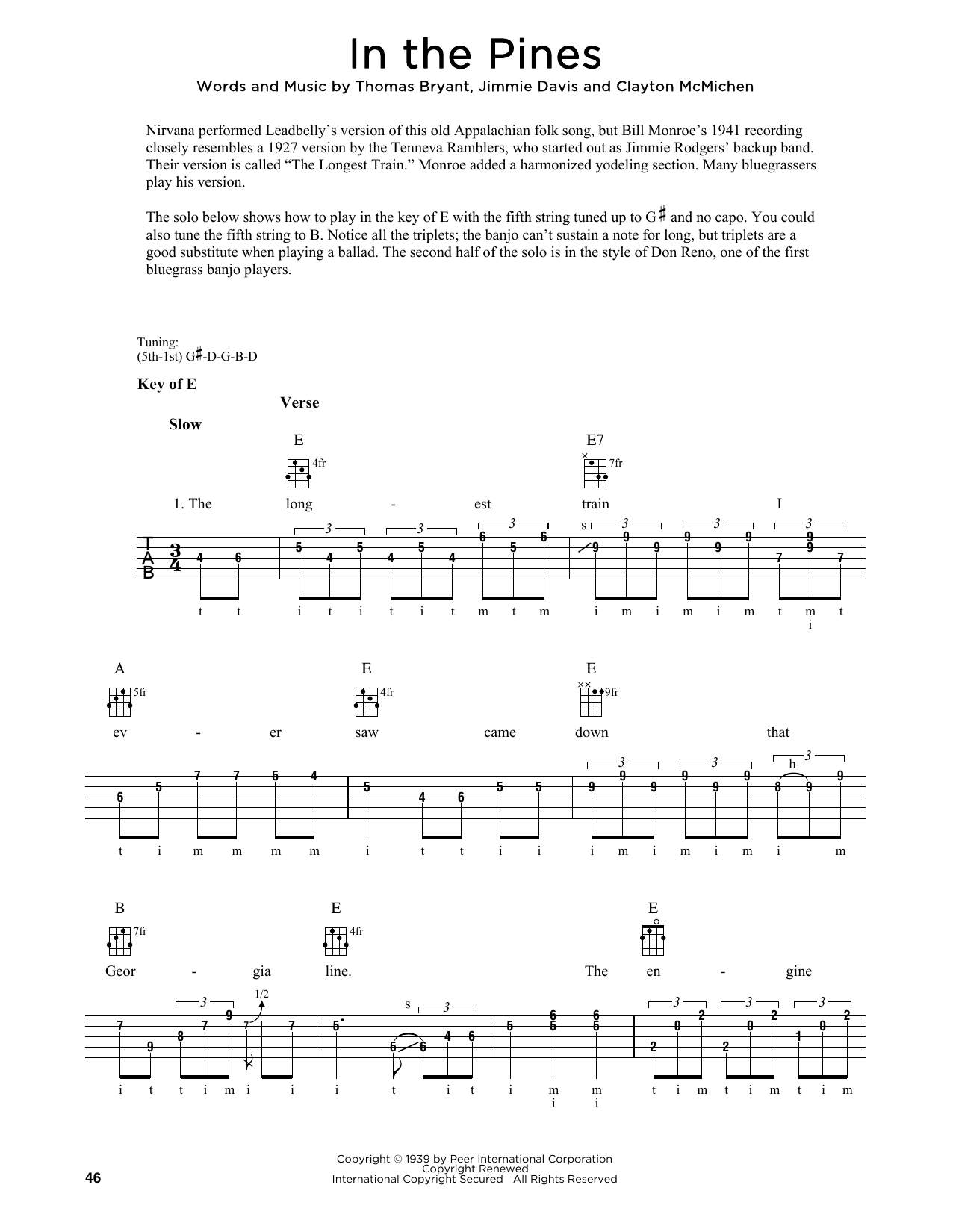 Clayton McMichen In The Pines (arr. Fred Sokolow) Sheet Music Notes & Chords for Banjo Tab - Download or Print PDF