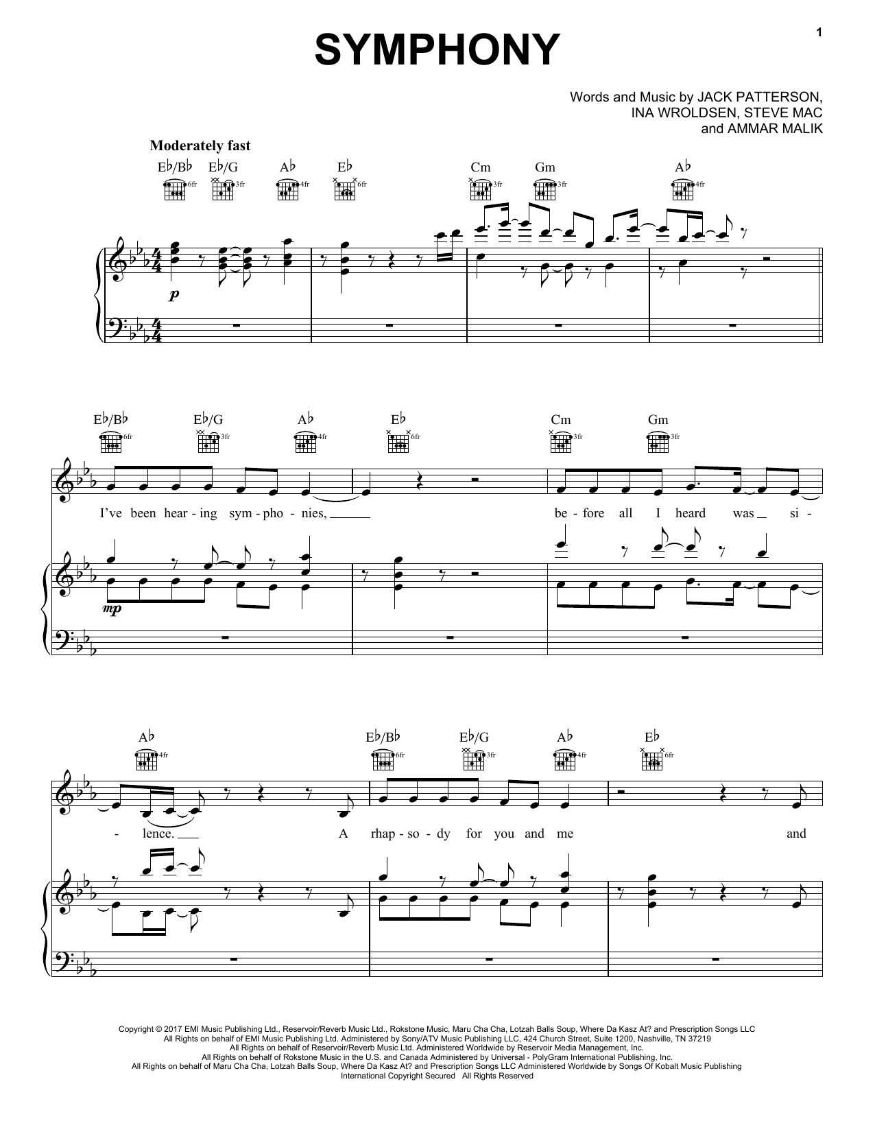 Clean Bandit feat. Zara Larsson Symphony Sheet Music Notes & Chords for Piano, Vocal & Guitar (Right-Hand Melody) - Download or Print PDF