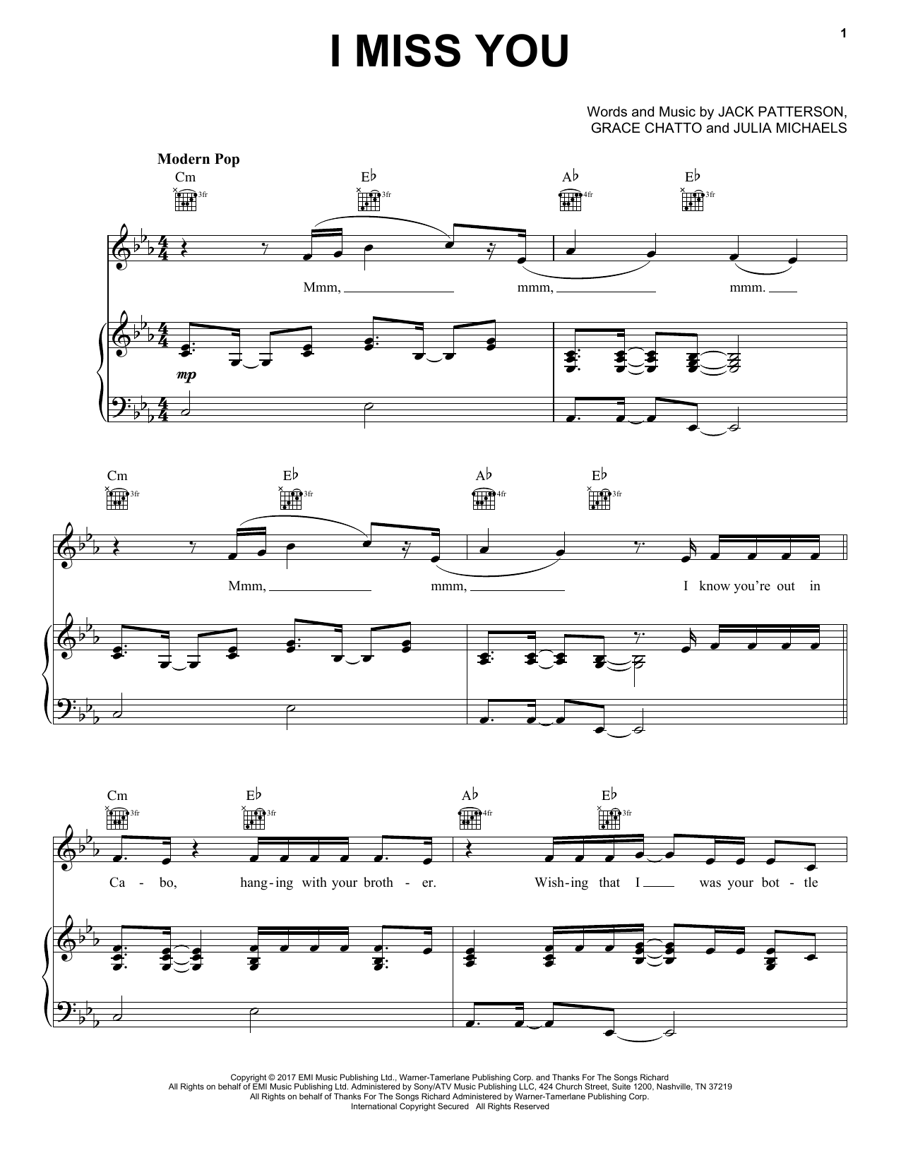 Clean Bandit ft. Julia Michaels I Miss You Sheet Music Notes & Chords for Piano, Vocal & Guitar (Right-Hand Melody) - Download or Print PDF