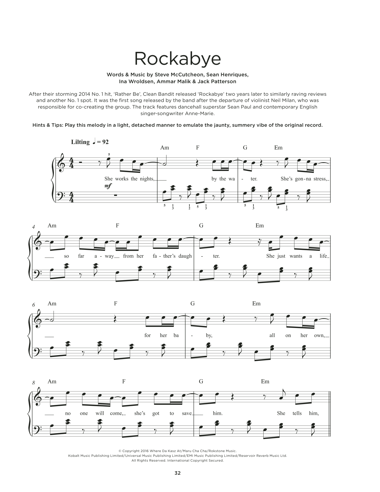 Clean Bandit Rockabye (feat. Sean Paul & Anne-Marie) Sheet Music Notes & Chords for Beginner Piano - Download or Print PDF