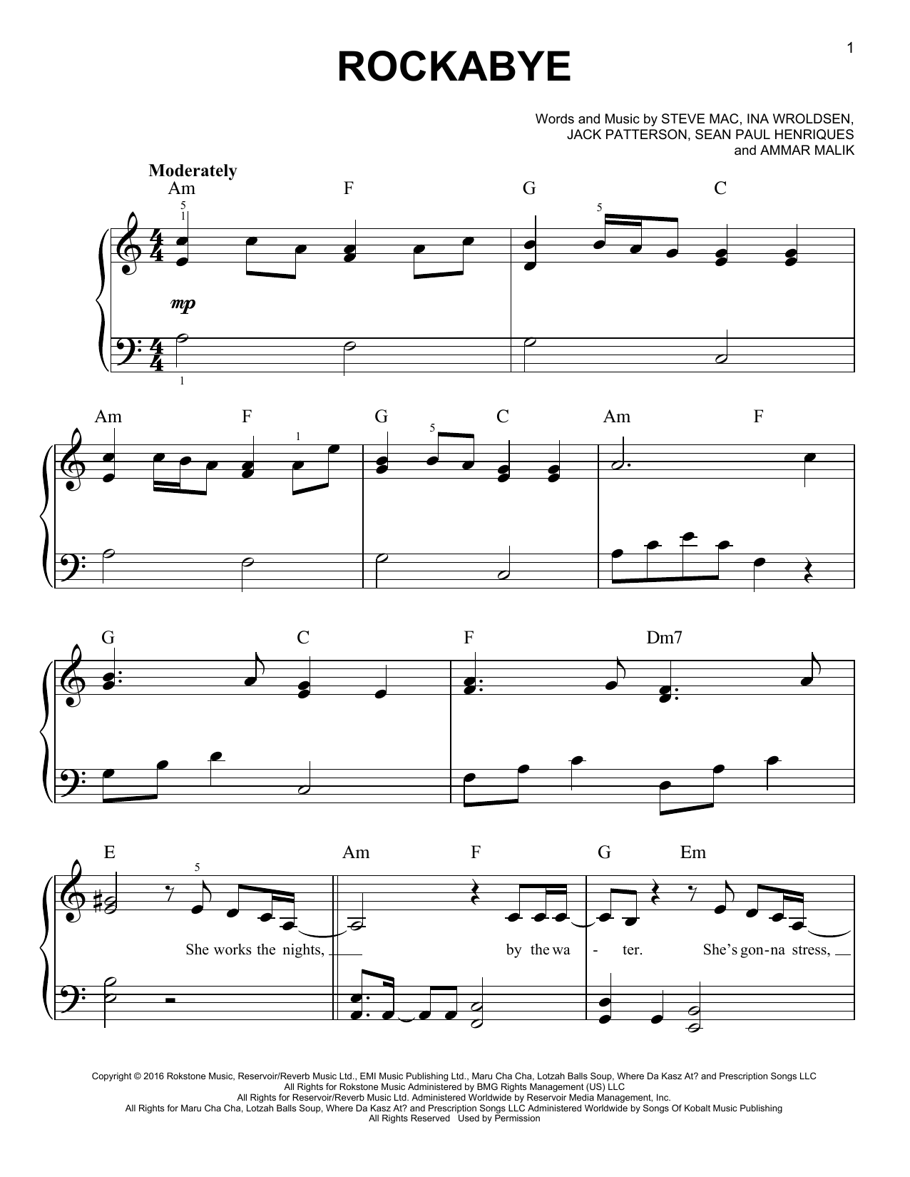 Clean Bandit Rockabye (feat. Sean Paul & Anne-Marie) Sheet Music Notes & Chords for Beginner Piano - Download or Print PDF