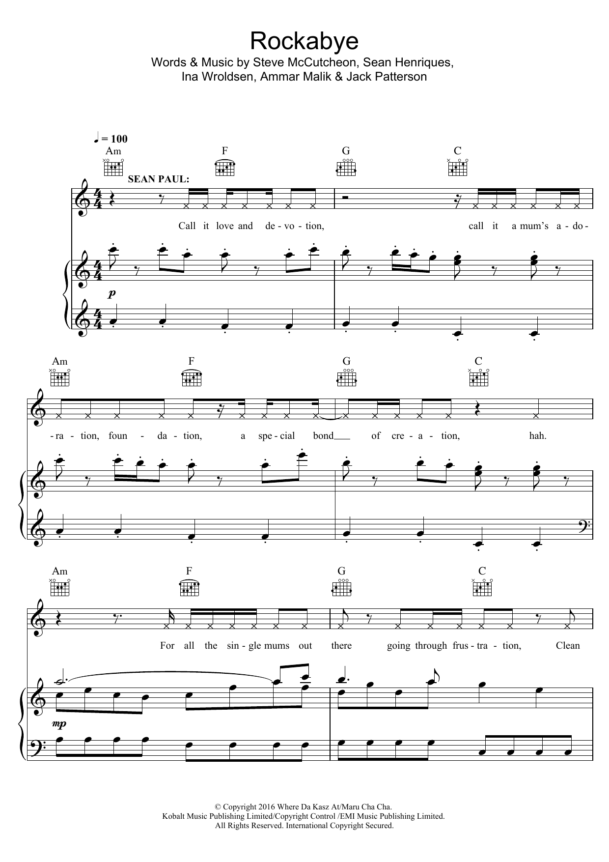 Clean Bandit Rockabye (featuring Sean Paul) Sheet Music Notes & Chords for Piano, Vocal & Guitar (Right-Hand Melody) - Download or Print PDF