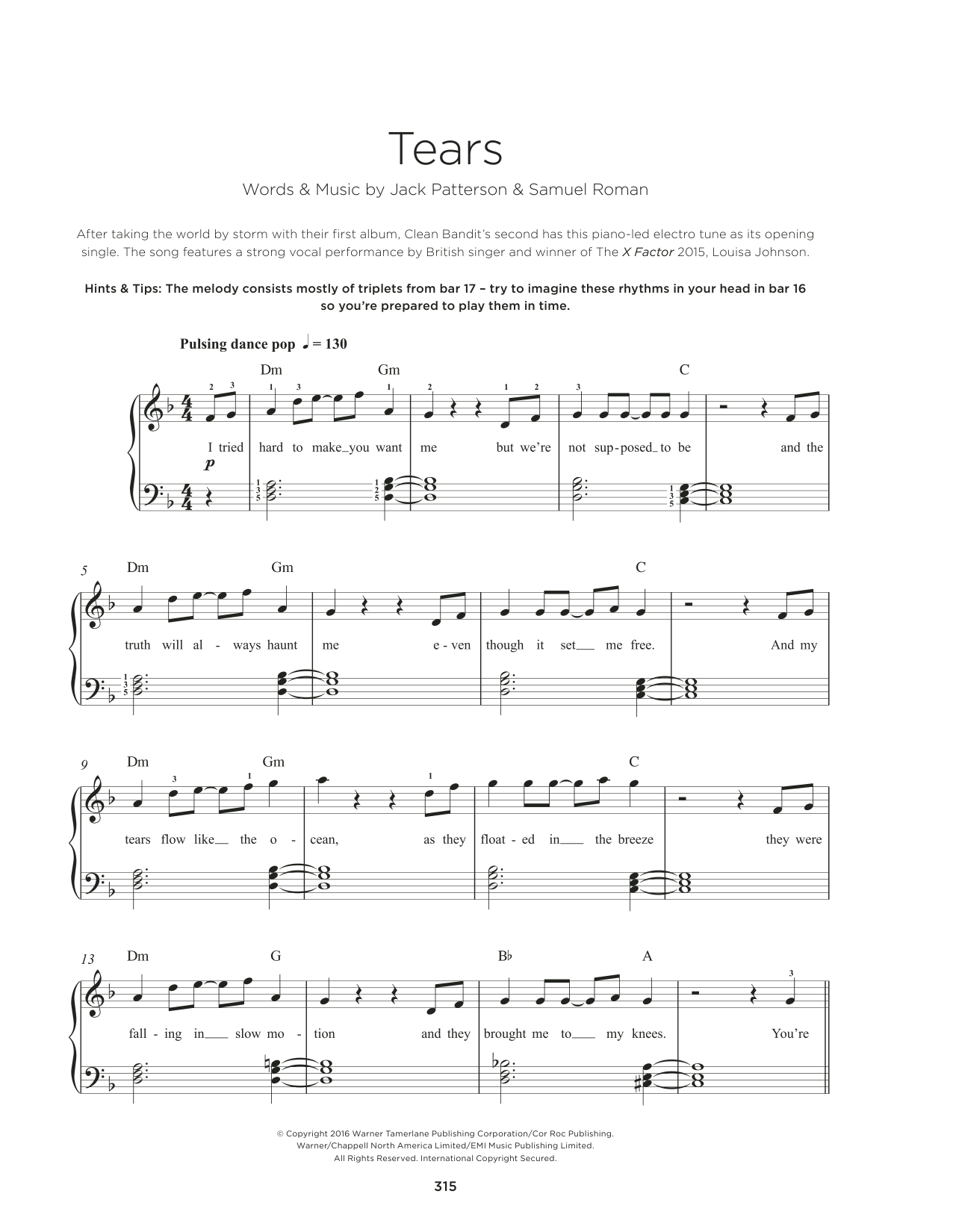 Clean Bandit Tears (feat. Louisa Johnson) Sheet Music Notes & Chords for Really Easy Piano - Download or Print PDF