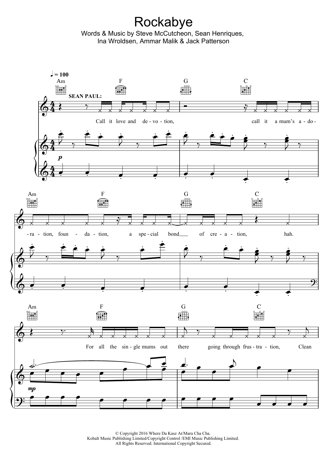 Preview Clean Bandit Rockabye (featuring Sean Paul) Pop sheet music, notes and chords for Piano, Vocal & Guitar (Right-Hand Melody), SKU: 123850 Rockabye (featuring Sean Paul) sheet music