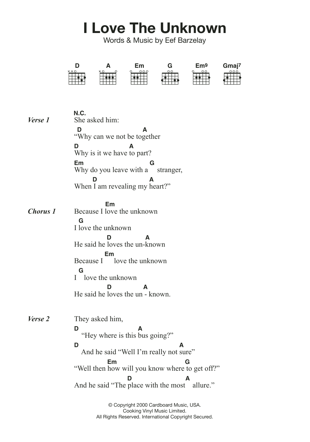 Clem Snide I Love The Unknown Sheet Music Notes & Chords for Lyrics & Chords - Download or Print PDF