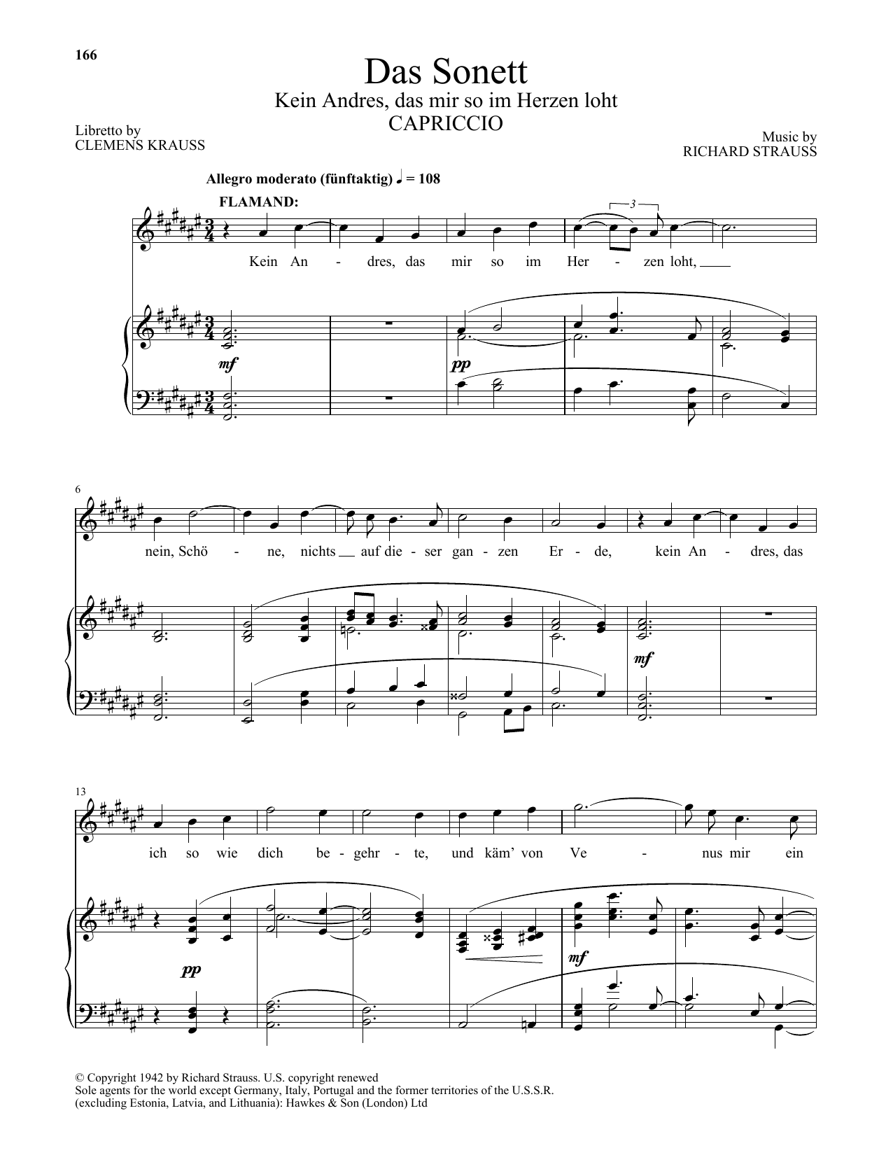 Clemens Krauss Das Sonett (Kein Andres, Das Mir So Im Herzen Loht) Sheet Music Notes & Chords for Piano & Vocal - Download or Print PDF