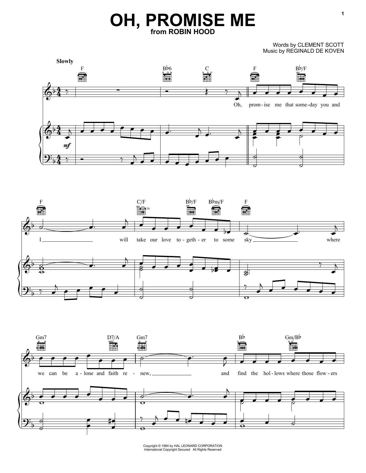 Clement Scott Oh, Promise Me Sheet Music Notes & Chords for Piano, Vocal & Guitar Chords (Right-Hand Melody) - Download or Print PDF