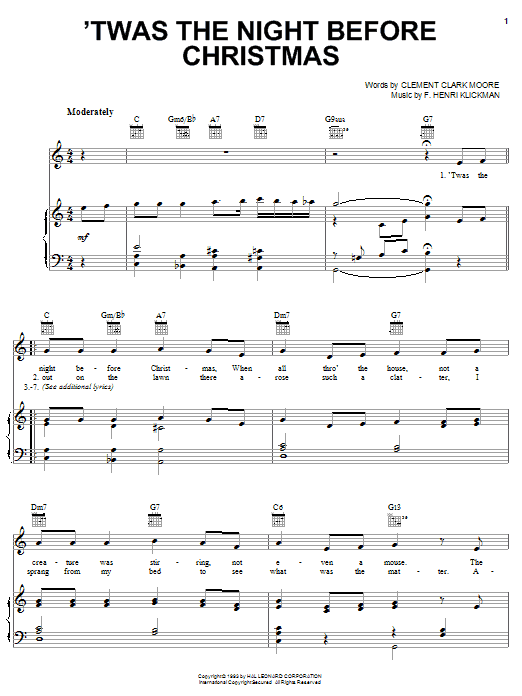Preview Clement Clark Moore 'Twas The Night Before Christmas Children sheet music, notes and chords for Piano, Vocal & Guitar (Right-Hand Melody), SKU: 24550 sheet music, piano notes, chords, guitar tabs, score, transpose, transcribe, how to play, guide, download, learn, tutorial, progression, song, artist, awards, billboard, mtv, vh1, tour, single, album, release
