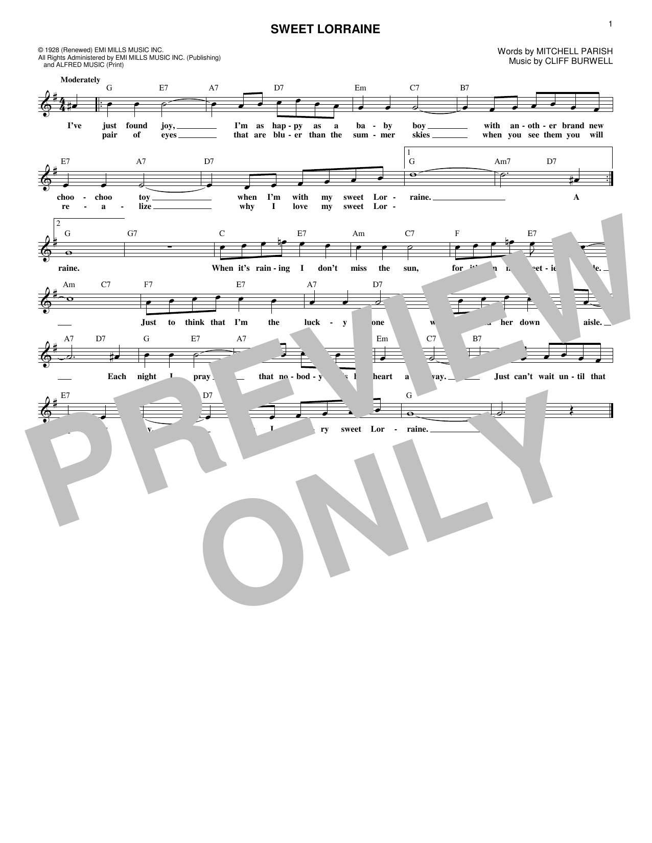 Cliff Burwell Sweet Lorraine Sheet Music Notes & Chords for Melody Line, Lyrics & Chords - Download or Print PDF
