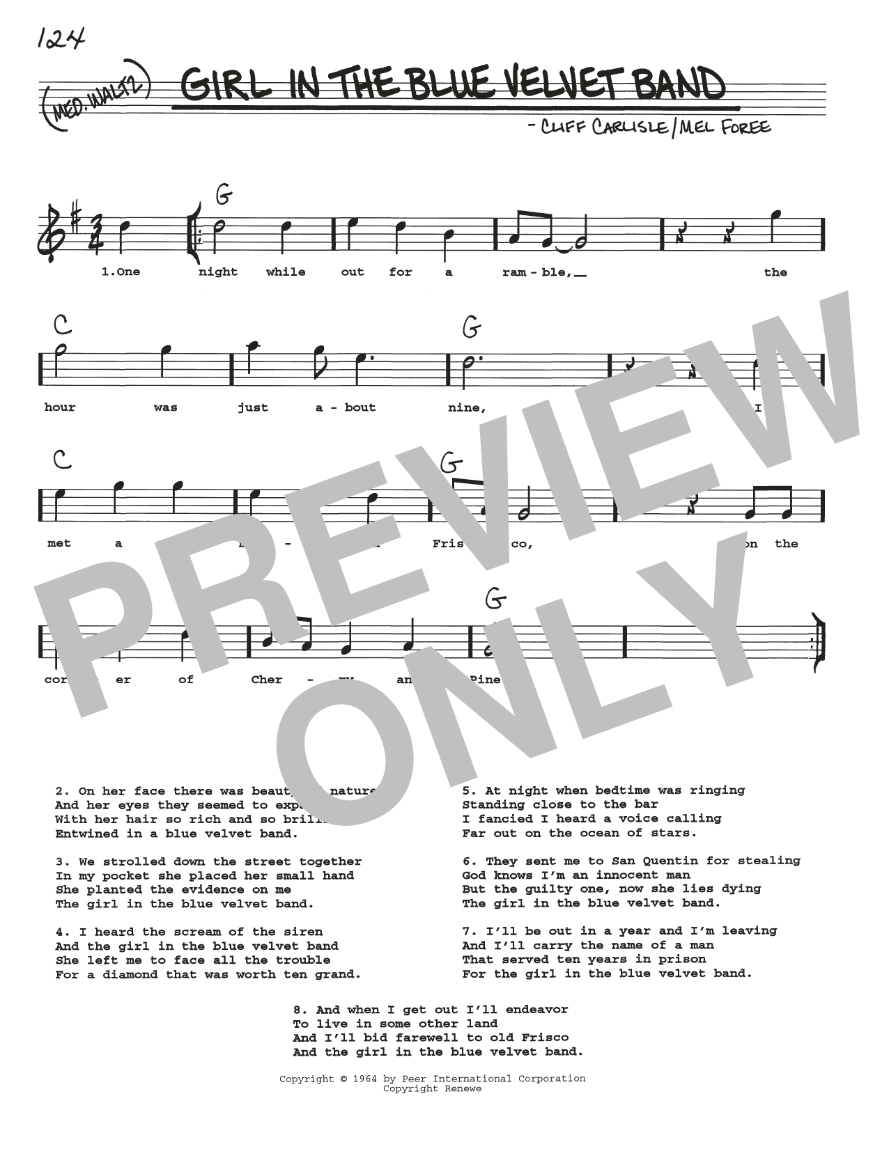 Cliff Carlisle Girl In The Blue Velvet Band Sheet Music Notes & Chords for Real Book – Melody, Lyrics & Chords - Download or Print PDF