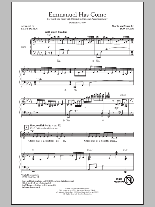 Cliff Duren Emmanuel Has Come Sheet Music Notes & Chords for SATB - Download or Print PDF