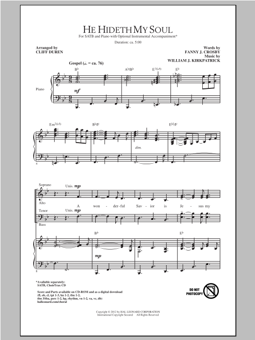 William J. Kirkpatrick He Hideth My Soul (arr. Cliff Duren) Sheet Music Notes & Chords for SATB - Download or Print PDF