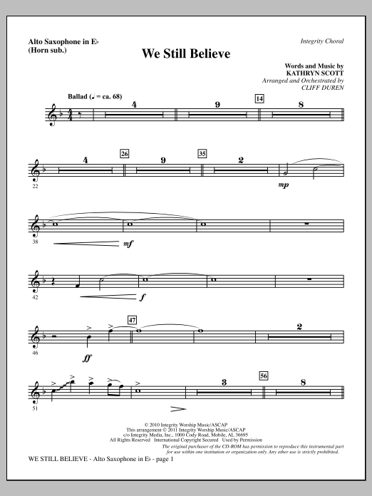 Cliff Duren We Still Believe - Alto Sax (sub. Horn) Sheet Music Notes & Chords for Choir Instrumental Pak - Download or Print PDF